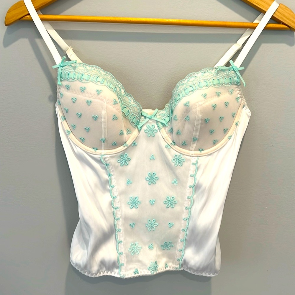 Fantasies by Morgan Taylor White & Teal embroidered bustier corset top Size S